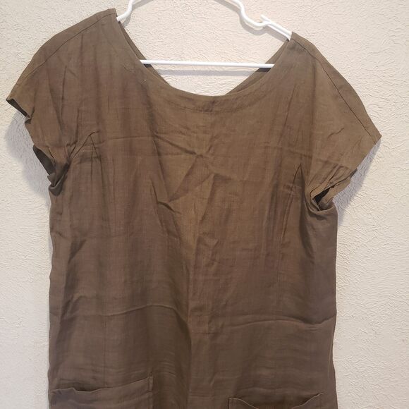 Eileen Fisher Linen Tencel Blend Short Sleeve Pocket Dress Medium Brown Zip - Picture 12 of 14